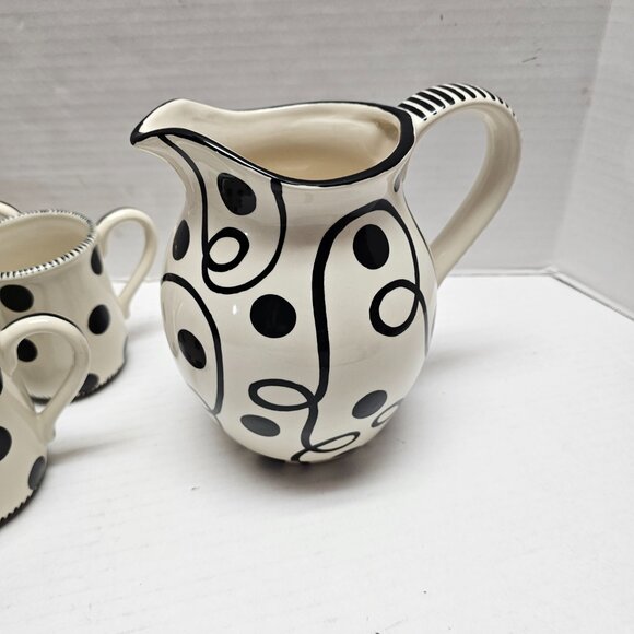 4 Ceramic M Bagwell Mix & Match Polka Dot Black White Striped Pitcher - Picture 5 of 6